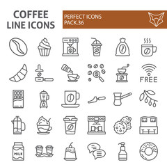 Coffee line icon set, cafe symbols collection, vector sketches, logo illustrations, caffeine signs linear pictograms package isolated on white background.