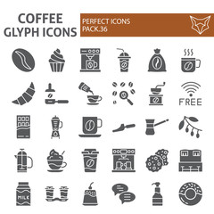 Coffee glyph icon set, cafe symbols collection, vector sketches, logo illustrations, caffeine signs solid pictograms package isolated on white background.