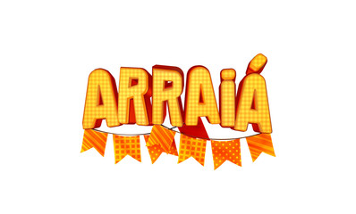 Festa Junina com bandeiras de fundo para varejo. Selo promocional 3d Brasil para festa de junho de cartão ou cartaz para  férias.  Selo São João e arraiá. Tipografia festiva