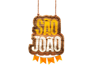 Festa Junina com bandeiras de fundo para varejo. Selo promocional 3d Brasil para festa de junho de cartão ou cartaz para  férias.  Selo São João e arraiá. Tipografia festiva