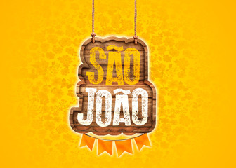 Festa Junina com bandeiras de fundo para varejo. Selo promocional 3d Brasil para festa de junho de cartão ou cartaz para  férias.  Selo São João e arraiá. Tipografia festiva
