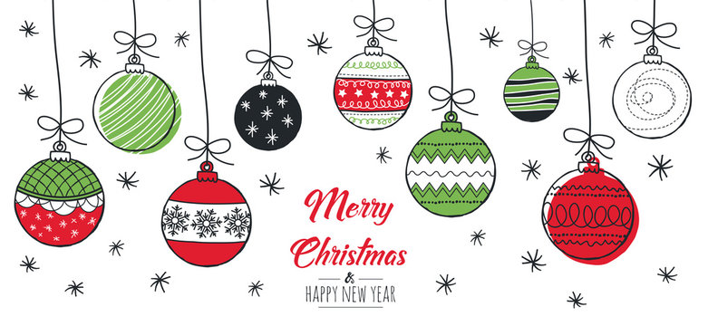 Merry Christmas greeting card red and green with modern baubles. Vector illustration. 