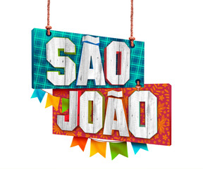 Festa Junina com bandeiras de fundo para varejo. Selo promocional 3d Brasil para festa de junho de cartão ou cartaz para  férias.  Selo São João e arraiá. Tipografia festiva
