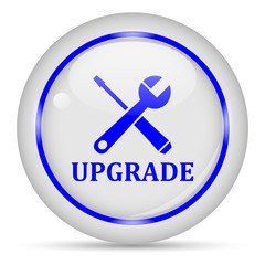 UPGRADE icon. White glossy round vector icon in eps 10. Editable modern design internet button on white background.