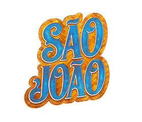 Festa Junina com bandeiras de fundo para varejo. Selo promocional 3d Brasil para festa de junho de cartão ou cartaz para  férias.  Selo São João e arraiá. Tipografia festiva