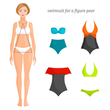 Swimsuit options suitable for the type of figure pear. Swimwear for the triangular shape of the body. Beach fashion. Vector illustration.