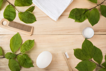 Life in the style of zero waste. Items for personal care and hygiene. Natural materials. Empty...