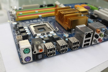 computer mainboard close up ports