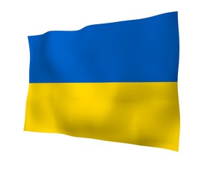 The flag of Ukraine on a white background. National flag and state ensign. Blue and yellow bicolour. 3D illustration waving flag