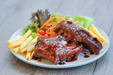 barbecue pork rib with french fries