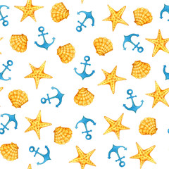 Sea starfish shell and anchor on a white background. Seamless marine pattern. © Svetlana