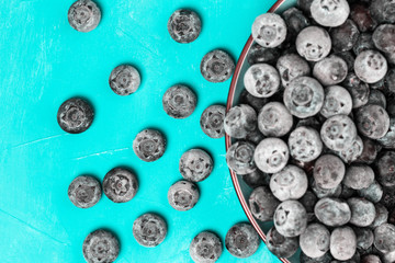 Fresh blueberry in bowl on blue background