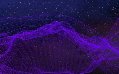 Abstract ultraviolet landscape on a dark background. Purple cyberspace grid. hi tech network. Outer space. Violet starry outer space texture. 3D illustration