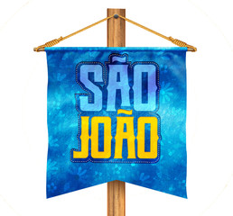 Festa Junina com bandeiras de fundo para varejo. Selo promocional 3d Brasil para festa de junho de cartão ou cartaz para férias. Selo São João e arraiá. Tipografia festiva