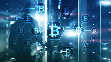 Bitcoin, Blockchain concept on server room background.