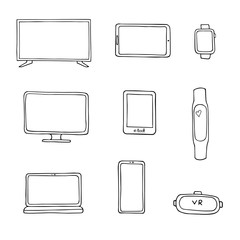 Cross platform devices. Set of hand drawn icons. Outline isolated vector illustration.