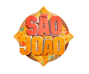 Festa Junina com bandeiras de fundo para varejo. Selo promocional 3d Brasil para festa de junho de cartão ou cartaz para  férias.  Selo São João e arraiá. Tipografia festiva