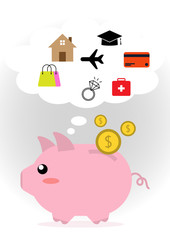 Piggy bank saving with reason spending concept