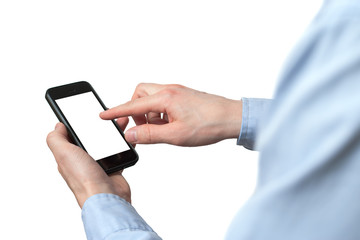 Hand holding and Touch on Black Smartphone with blank screen on white background.