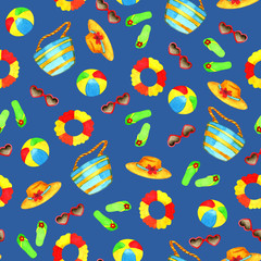 Summer marine seamless pattern. Watercolor illustration. Design for fabric, textile, greeting card.