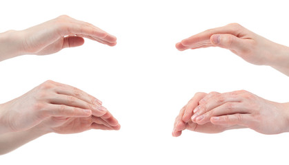 open hand for protection isolated on white background. Collage. Multiple images