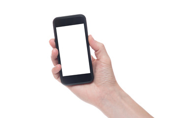 Hand holding black Smartphone with blank screen on white backgroun.