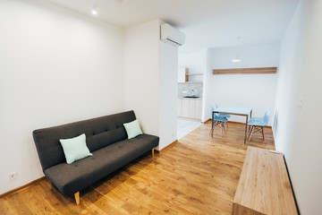 modern light interior. studio apartment. apartment with white walls and ceiling.