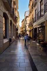 Pedestrians walking down Navas street to shops and restaurants in Granada Spain