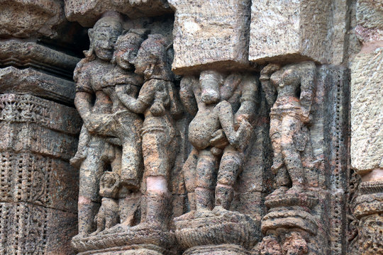 Konark Sun Temple in Odisha, India. Erotism and origin of kamasutra in Indian sculpture. Erotic sculpture of Konark temple. Konark Sun Temple is a 13th-century CE sun temple at Konark.