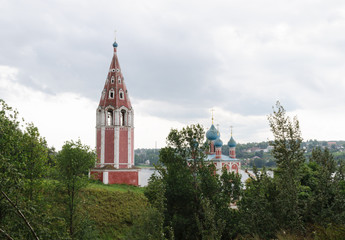 Volga river bank with old church in Tutaev, Russia