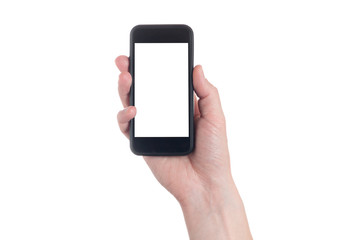 Hand holding black Smartphone with blank screen on white backgroun.