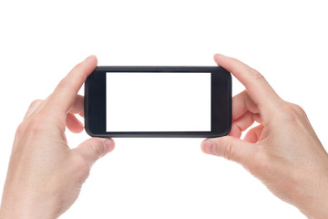 Hand holding black Smartphone with blank screen on white backgroun.