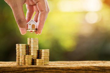 Investor hand hold a coin and home model on the stacked coin with many increase and grow value in...
