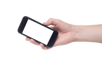 Hand holding black Smartphone with blank screen on white backgroun.