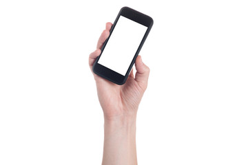 Hand holding black Smartphone with blank screen on white backgroun.