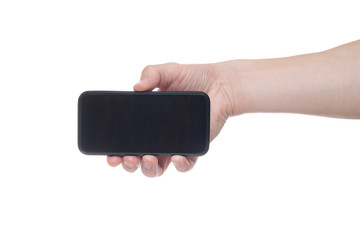 Hand holding black Smartphone with blank screen on white backgroun.