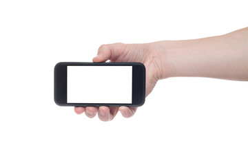 Hand holding black Smartphone with blank screen on white backgroun.