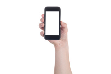 Hand holding black Smartphone with blank screen on white backgroun.