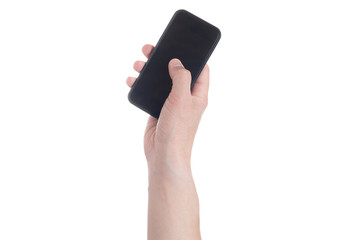 Hand holding black Smartphone with blank screen on white backgroun.