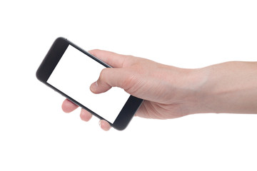 Hand holding black Smartphone with blank screen on white backgroun.