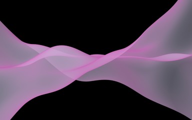 Abstract pink wave. Bright pink ribbon on black background. Pink scarf. Abstract smoke. Raster air background. 3D illustration