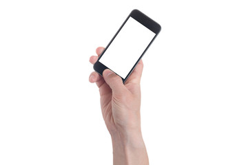 Hand holding black Smartphone with blank screen on white backgroun.