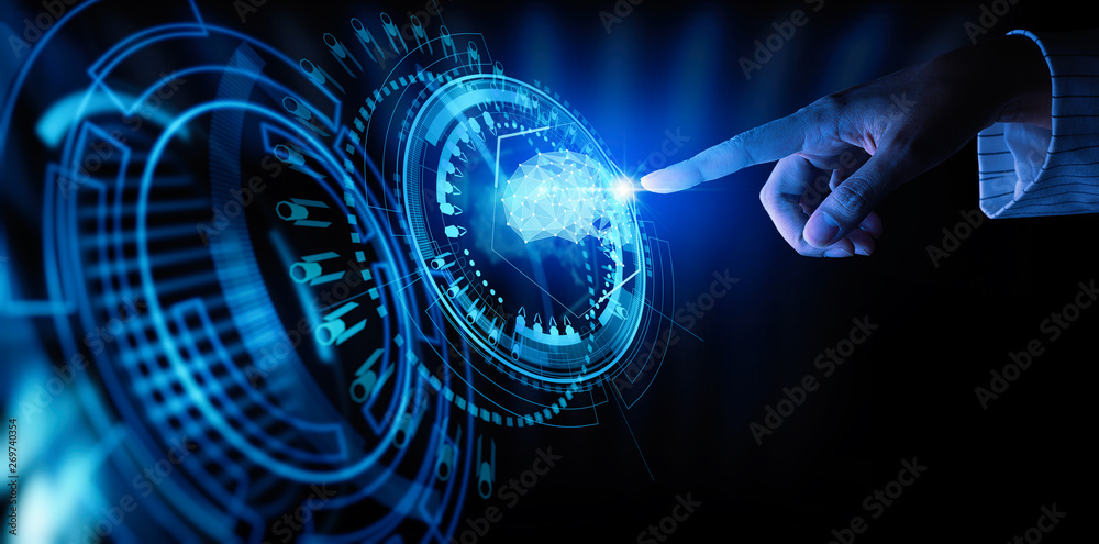 Leinwandbilder Artificial intelligence (AI) with machine deep learning and data mining and another modern computer technologies UI by hand touching low poly icon.data science trend.