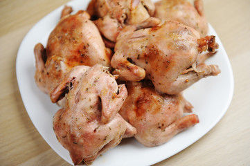 Six baked cornish hens on white plate top view