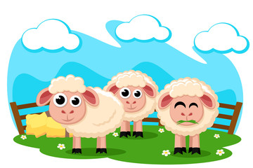 Herd of sheep graze on a green meadow near the fence.