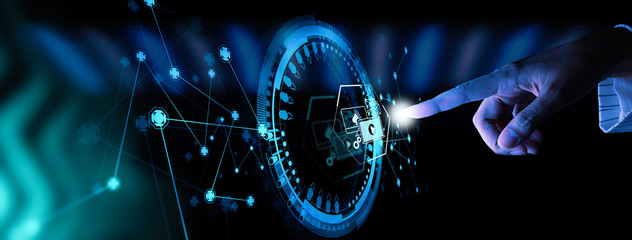 Digital marketing media (website ad, email, social network, SEO, video, mobile app) in Modern UI computer touching by hand.
