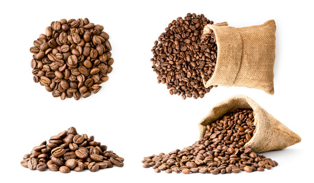 Set of coffee beans pile and in a bag, different look on a white background. Isolated