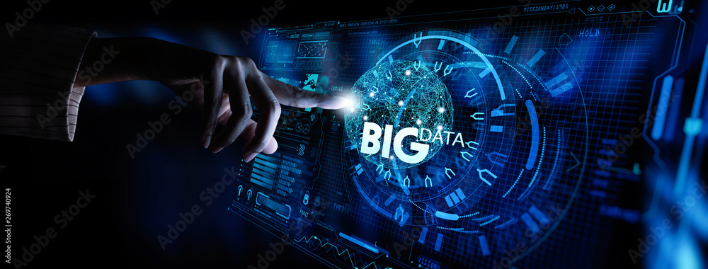 Fototapete Big data world and globe icon ui with hand selecting and pressing Big Data symbol and modern interface.