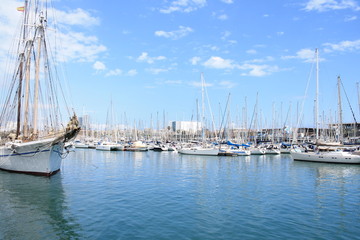 Sail boat in Marina Port Vell, a waterfront harbor in Barcelona, Catalonia, Spain