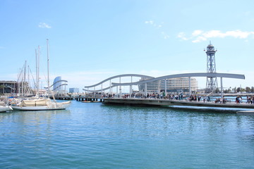 Sail boat in Marina Port Vell, a waterfront harbor in Barcelona, Catalonia, Spain